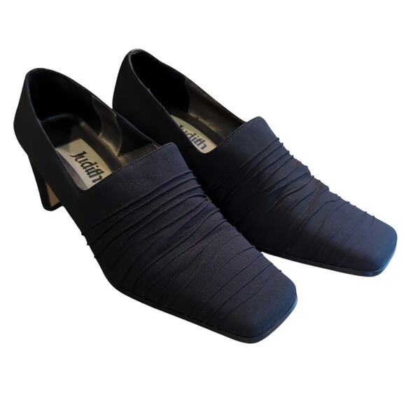 Judith Ripple Stretch Black Square Toe Chunky Heel 2.5 inch Pumps women's size 8 - Picture 1 of 15